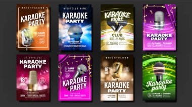 Karaoke Poster vektör ayarlayın. Renkli bir alet. Teknoloji sembolü. Parti el ilanı. Müzik gece. Gerçekçi illüstrasyon