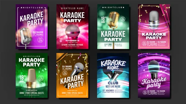 Plakát karaoke sada vektoru. Vintage Studio. Hudební rekord. Vysílat objektu. Luxusní znak. Zvukový prvek. Styl. Realistické ilustrace — Stockový vektor