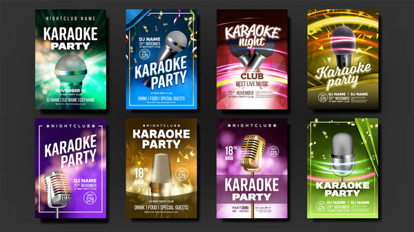 Karaoke Poster Set Vector. Вечеринка флаер. Музыкальная ночь. Радиомикрофон. Ретро-концерт. Клубное прошлое. Концепция фестиваля. Живая певица. Абстрактный шаблон. Восстановление справедливости
