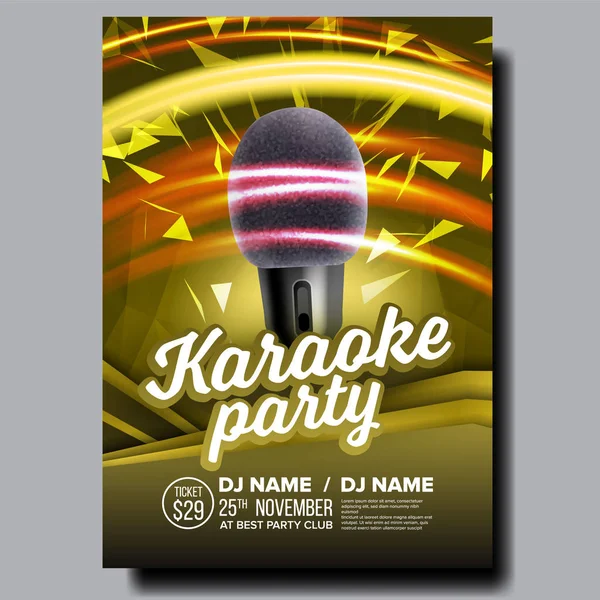 Karaoke affisch vektor. Party Flyer. Karaoke musik natt. Radiomikrofon. Retro Concert. Club bakgrund. Mic Design. Disco Banner. Röst-utrustning. Realistisk Illustration — Stock vektor