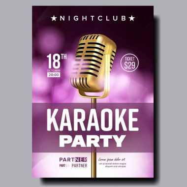 Karaoke Poster vektör. Parti el ilanı. Karaoke müzik gece. Radyo mikrofon. Soyut şablonu. Rock eğlenceli. Vokal işareti. Eski Bar. Yıldız şov. Modern ses. Gerçekçi illüstrasyon