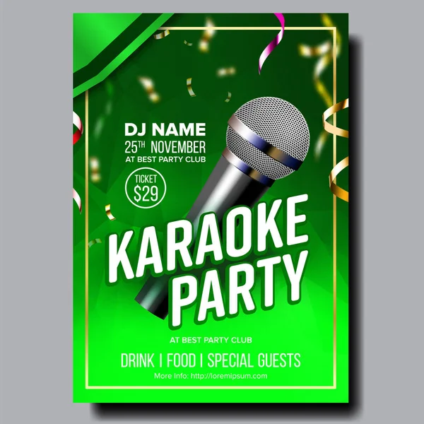 Karaoke Poster Vector. Concerto Retro. Karaoke Club Background. Design de microfones. Layout criativo. Elemento de áudio. Rótulo do orador. Competição de entretenimento. Comunicado de imprensa. Luxo. Ilustração realista —  Vetores de Stock