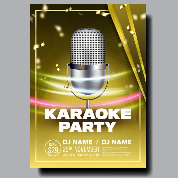 Karaoke affisch vektor. Sända objekt. Karaoke musik natt stil. Färgglada Instrument. Realistisk Illustration — Stock vektor