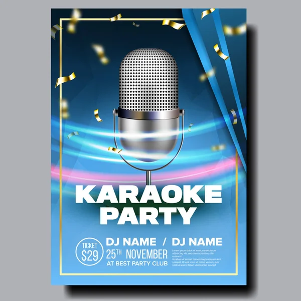 Karaoke Poster Vector. Retro Concert. Karaoke Club Background. Mic Design. Creative Layout. Audio Element. Speaker Label. Entertainment Competition. Media Announcement. Luxury. Realistic Illustration — Stock Vector