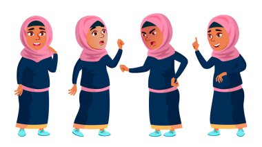 Arap, Müslüman Kız Okulu, kız çocuk Set vektör teşkil etmektedir. Çocuk. Genç. Geleneksel giysiler. Web, broşür, afiş tasarımı için. İllüstrasyon izole karikatür