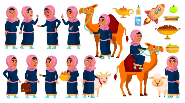 Arabische, moslim meisje School, meisje kind vormt instellen Vector. Basisschool kind. Studie. Kennis, leren, les. Kameel, schaap, geit. Voor traditionele kleding. Geïsoleerde Cartoon afbeelding — Stockvector