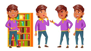 Arap, Müslüman çocuk okul çocuğu çocuk Set vektör teşkil etmektedir. İlköğretim Okulu çocuk. Komik çocuk. Ders. Kütüphane. Yaşam tarzı, Dostu. Reklam, broşür, afiş tasarımı için. Karikatür Çizim