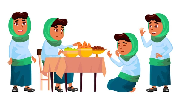 Arab, Muslim Girl Set Vector. Doa. Agama. Sarapan. Pakaian Tradisional. Untuk Banner, Flyer, Desain Web. Ilustrasi Kartun Terisolasi - Stok Vektor