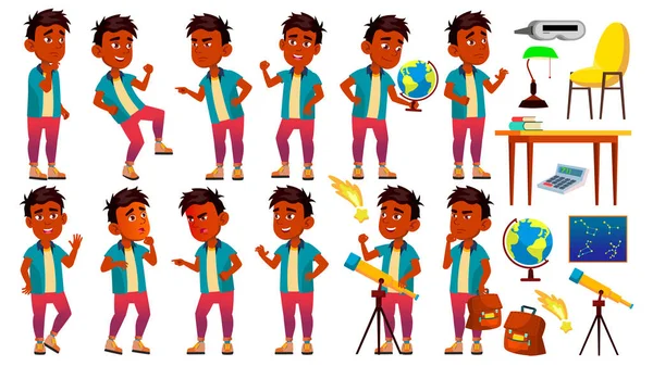 Indian Boy Schoolboy Kid Poses Set Vector. Niño de primaria. Jóvenes. Astronomía. Descubre Planet. Universidad, Graduado. Para Publicidad, Placa, Diseño de Impresión. Ilustración de dibujos animados aislados — Vector de stock