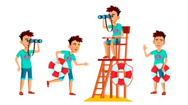 Asya genç çocuk Set vektör teşkil etmektedir. Yüz. Plajda cankurtaran. Deniz, tatil. Web, broşür, afiş tasarımı için. İllüstrasyon izole karikatür