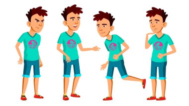 Asya genç çocuk Set vektör teşkil etmektedir. Eğlenceli, neşeli. Web, Poster, kitapçık tasarımı için. İllüstrasyon izole karikatür