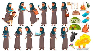 Arap, Müslüman genç kız Set vektör teşkil etmektedir. Mülteci, savaş, bomba, patlama, panik. Web tasarımı için. İllüstrasyon izole karikatür