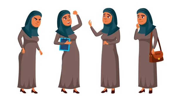 Arabiska, muslimska tonåring flicka poserar Set vektor. Positiv kontorschef Person. För vykort, omslag, plakatet Design. Isolerade tecknad Illustration — Stock vektor