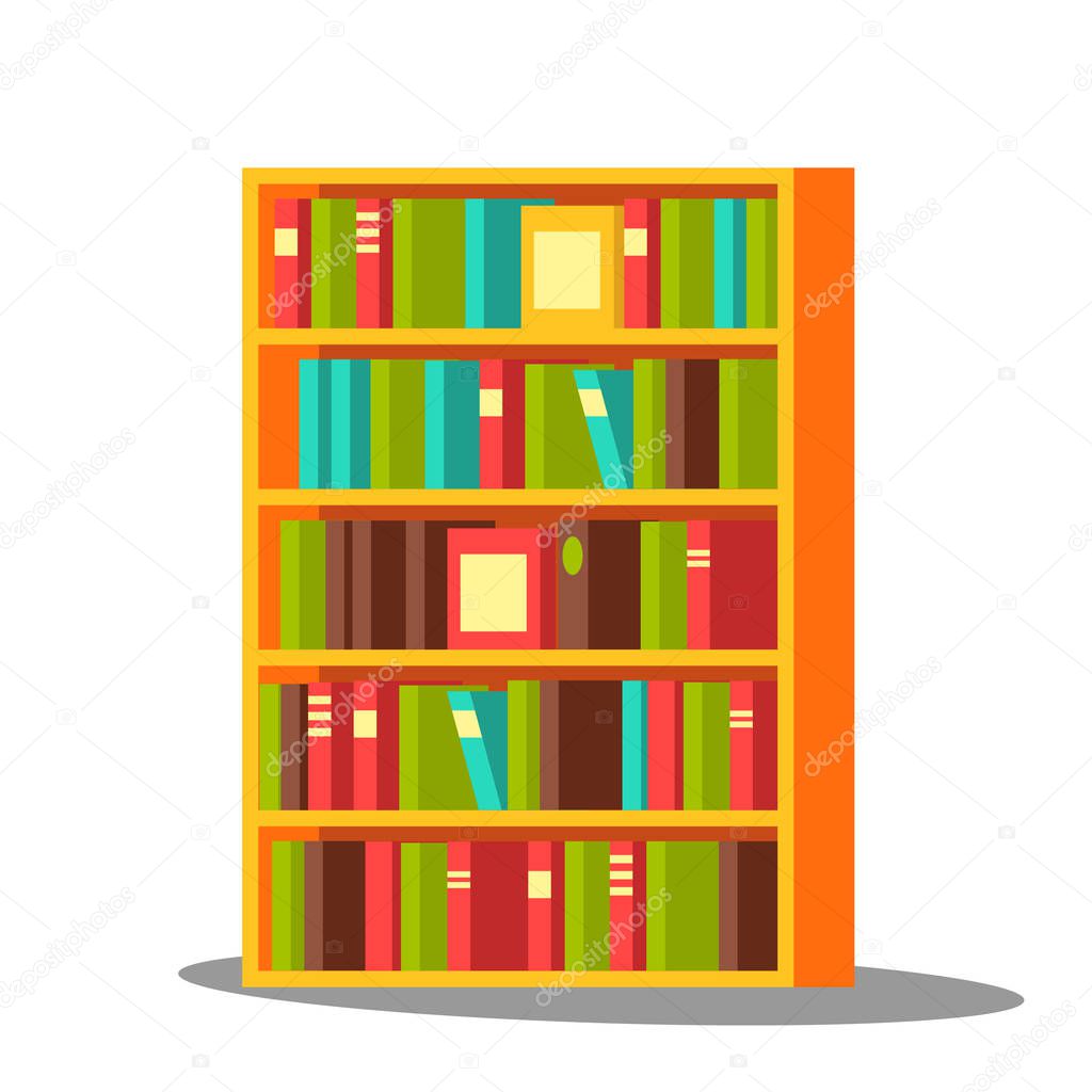 Bookcase Vector. Home, Library. Pile Encyclopedia. Education. Isolated Flat Cartoon Illustration