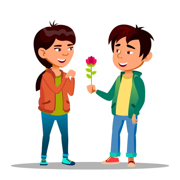 Chinese Boy Gives A Girl Red Peony As Symbol Of Love Vector Flat Cartoon Illustration — Stock Vector