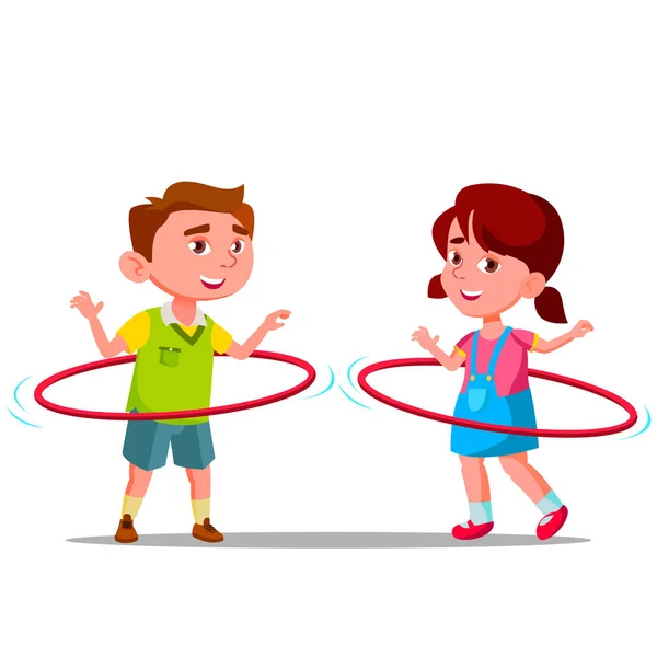Little Boy And Girl Twirling Colored Huha Hoops Vector Flat Cartoon Illustration — Stock Vector
