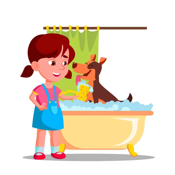 छोटी प्यारी लड़की फोम वेक्टर फ्लैट कार्टून इलस्ट्रेशन के साथ बाथरूम में एक कुत्ता धोती है — स्टॉक वेक्टर