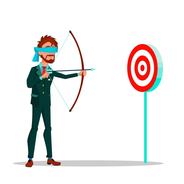 Blindfolded Businessman Aiming At Target From A Bow Vector Flat Cartoon Illustration — Stock Vector
