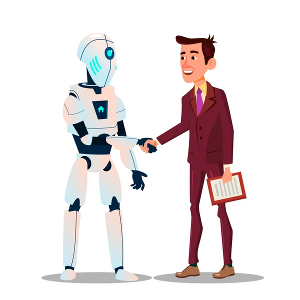 Robotik und Hochtechnologie. schüttelt der Roboter einem Geschäftsmann die Hand. Unterzeichnung eines Vertrags Vektor flache Cartoon-Illustration — Stockvektor