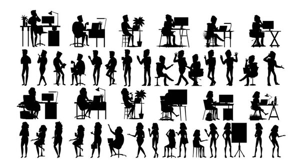 Business People Silhouette Set Vector. Man, Woman. Urban Meeting. Friends Communication. Body Row. Talking Together. Black Isolated On White Illustration
