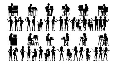 İş adamları Set vektör siluet. Erkek, kadın. Grup anahat. Kişi Shape.Professional takım. Resmi bir takım elbise. Simge poz. Sosyal Konferansı. Lider mecaz. Liderlik görüntü. İllüstrasyon
