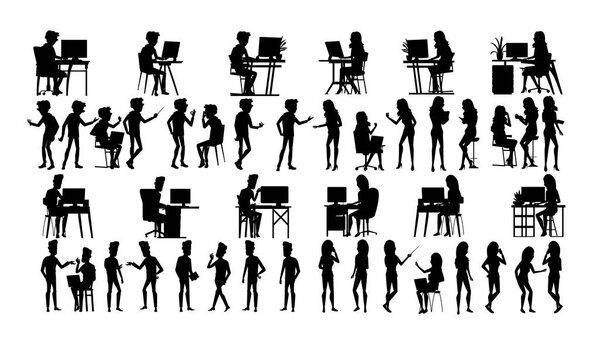 Business People Silhouette Set Vector. Man, Woman. Group Outline. Person Shape. Professional Team. Formal Suit. Businessman Profile. Casual Female. Partnership Work. Teamwork Success. Illustration