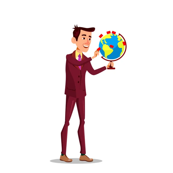 Homme d'affaires avec un globe et un pointeur Mark vecteur dessin animé plat Illustration — Image vectorielle