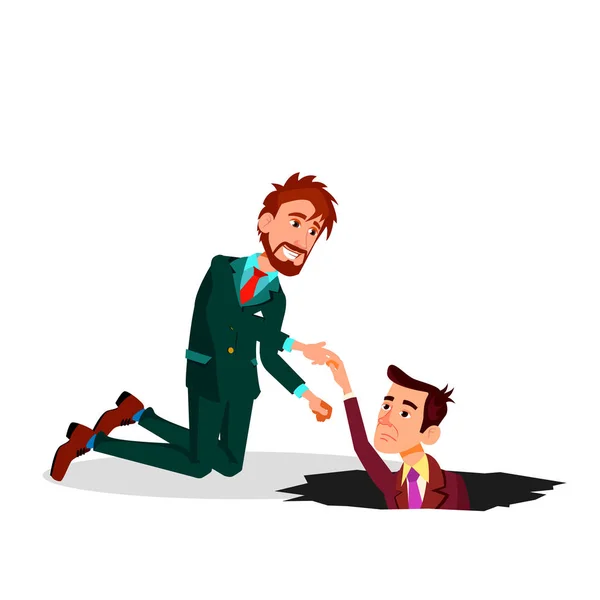 Aidez un collègue. Un homme d'affaires tirant un collègue de l'illustration de dessin animé plat vectoriel de puits — Image vectorielle