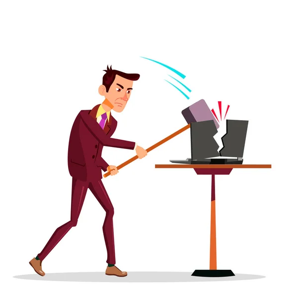 Stressful Businessman Breaking His Laptop With Big Hammer Vector Flat Cartoon Illustration — Stock Vector