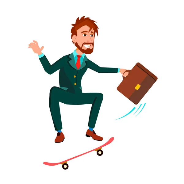 Uomo d'affari con valigetta si precipita in piedi su skateboard vettore piatto fumetto illustrazione — Vettoriale Stock