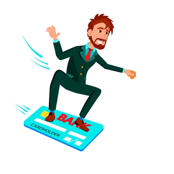 Businessman Sliding On Credit Card Like On Snowboard Vector Flat Cartoon Illustration — Stock Vector