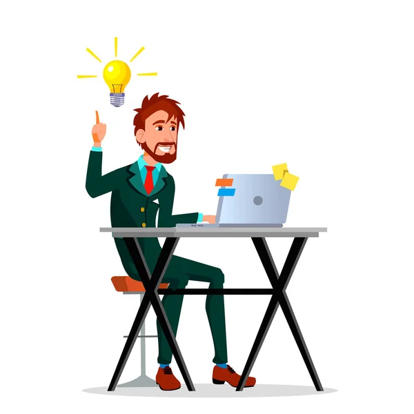 Yellow Light Bulbs Pouring From Head Of Businessman Working At Laptop Vector Flat Cartoon Illustration — Stock Vector
