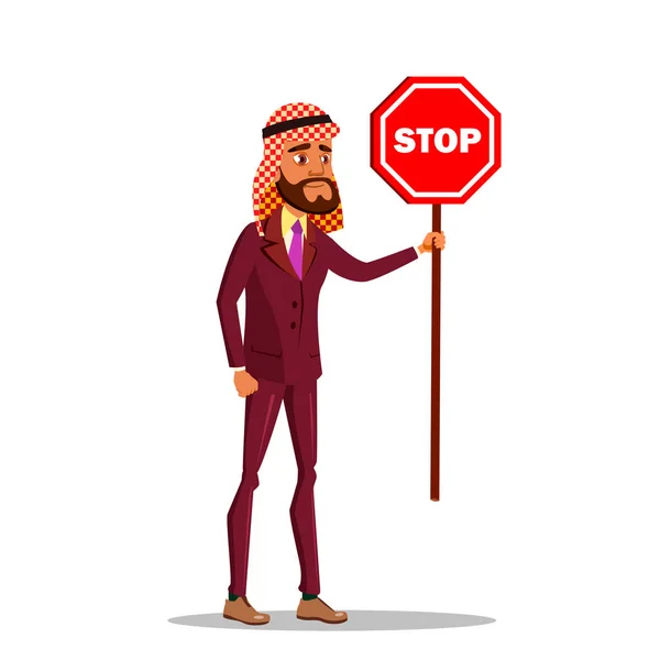 Árabe Empresario de pie con señal de stop Vector plana ilustración de dibujos animados — Vector de stock