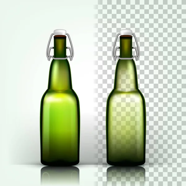 Bira şişe vektör. Boş kadehle zanaat bira için. Mockup boş şablon. Yeşil. 3D şeffaf izole gerçekçi illüstrasyon — Stok Vektör