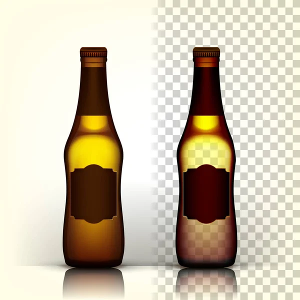 Vector de botella de cerveza. Embalaje del producto. Publicidad de diseño. Amarillo. Ilustración realista aislada transparente 3D — Archivo Imágenes Vectoriales