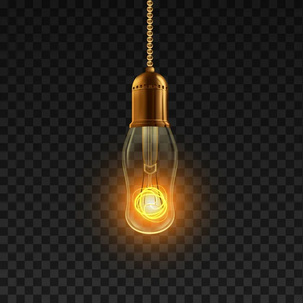 Light Bulb Vector. Shiny Illuminated Light Bulb Symbol. Energy Ray. 3D Realistic Transparent Illustration — Stock Vector