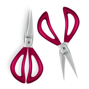 Makas vektör. 3D gerçekçi makas simgesi. Plastik kulplar. Açık ve kapalı. Okul, Ofis donanımı. İllüstrasyon