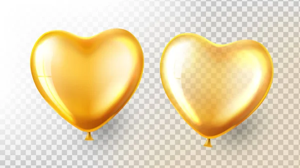 Vettore di palloncini cardiaci. Palloncino giallo oro realistico 3D trasparente in forma di cuore. Progettazione festiva di festa. Arredamento luminoso. Illustrazione — Vettoriale Stock