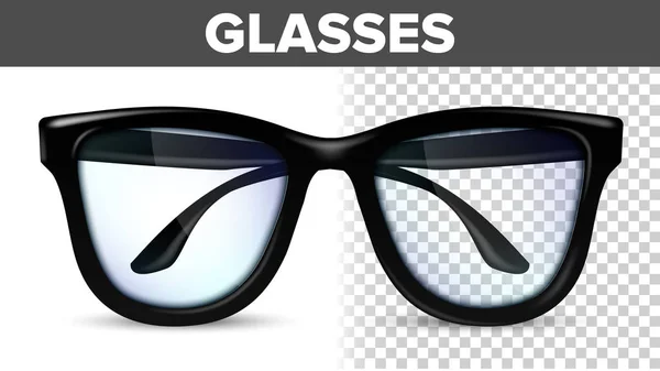 남자 남성 안경 벡터입니다. 블랙 클래식 안경 안경입니다. 비전 옵티컬 렌즈입니다. 투명 3d 현실적인 그림 — 스톡 벡터