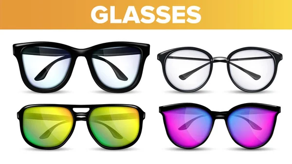 Очки на векторе. Современные и старинные очки для очков. Vision Optical Icon. Classic and Hipster Transparent Fashion Element. Мужчина, женщина. Трехмерная реальность — стоковый вектор