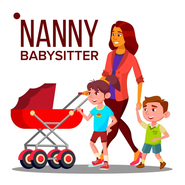 Nanny Woman Vector. Babysitter Nanny With Children. Care Family Design. Illustration
