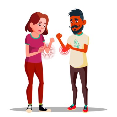 Dirsek vektörü. Adam, dirsek ağrısı olan kadın Insanlar. Kol eklem. Kemik yaralanması Illustration