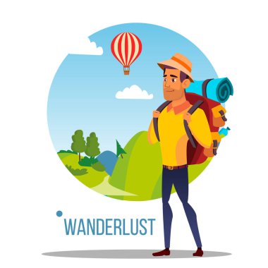 Wanderlust vector. Macera Wanderlust kavramı. Seyahat tasarımı. Vahşi doğa. Illüstrasyon