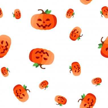 Halloween kabak Dikişsiz desen vector. Kötü turuncu yüz. Sevimli grafik doku. Tekstil zemin. Karikatür renkli arka plan Illüstrasyon
