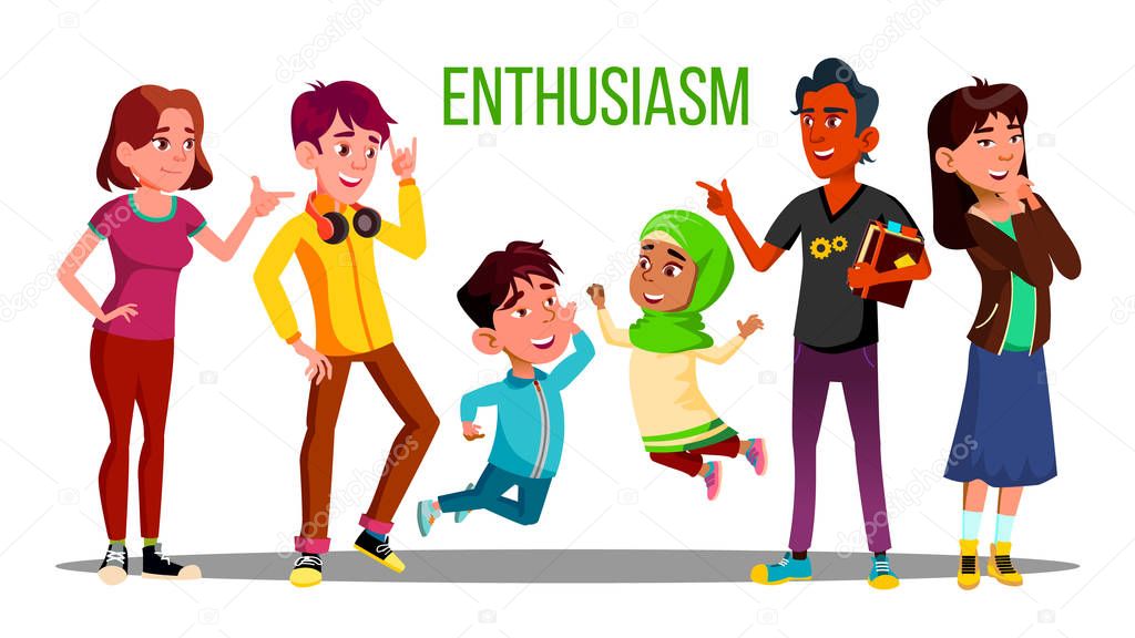 Enthusiastic Multiethnic Students, Adults, Children Vector Characters