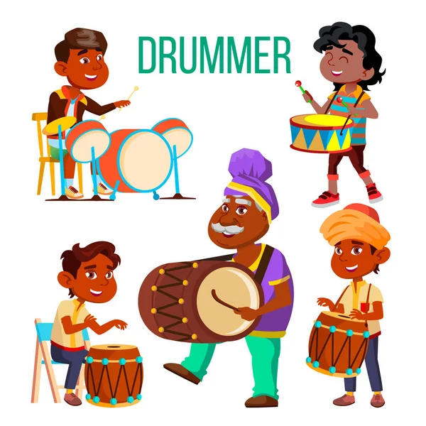 Drummers Using Ethnic Percussion Vector Characters Set — Stock Vector