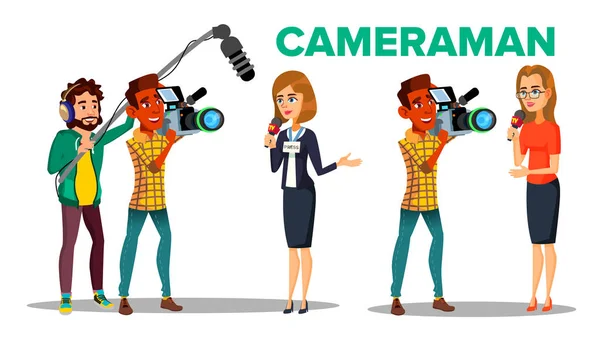 Cameraman Filming Journalist Interview Cartoon Vector Character — Stock Vector