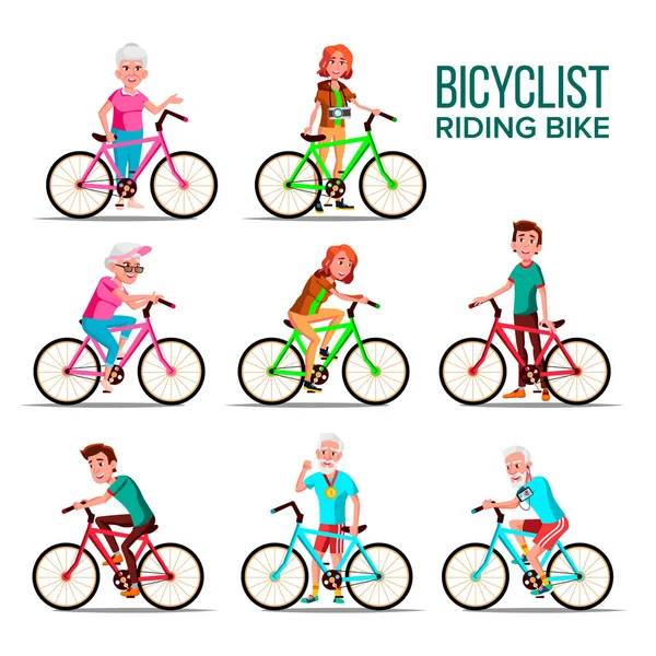 Rowerzyści jazda konna rowery wektor Cartoon zestaw znaków — Wektor stockowy