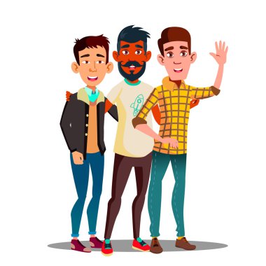 Kardeşlik, çok ırklı erkek arkadaşlar vektör karikatür karakterler