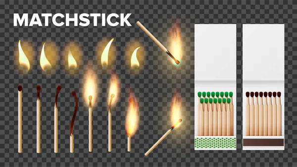 Brennende Streichhölzer in Streichhölzern, Flammenvektor-Set — Stockvektor